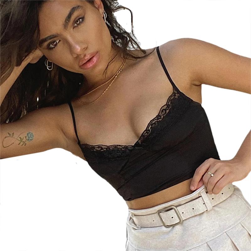 

Women' Patchwhork Lace Leopard Spaghetti Strap Top Sleeveless Crop Top Tee Frill Y2k Sexy Cami Summer Streetwear 2020, Black