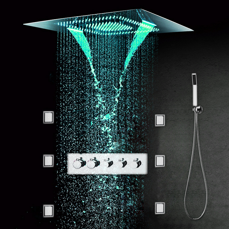 Multiple Functions High Flow Shower Panel Set 60x80CM Ceiling Mounted Big Rain LED Showerheads Rainfall Waterfall Massage Body Jets 4 Inch-image-566223191