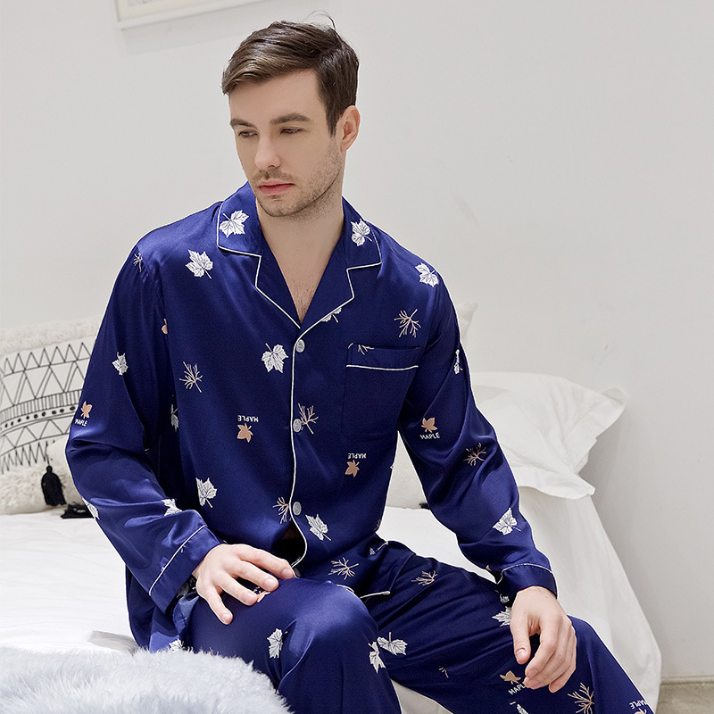

Sleepshirt Suit Male Shirt Pants Spring Long Sleeve Pajamas Sleep Set Men Turn-down Collar Nightwear Pijamas Robe Nighties, C - red