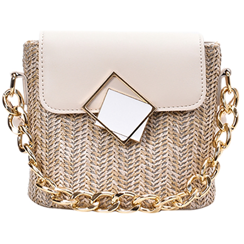 

ASDS-Straw Bucket Bag Shoulder Messenger Handbag Ladies Hand Woven Bag Contrast Color Mini, Black