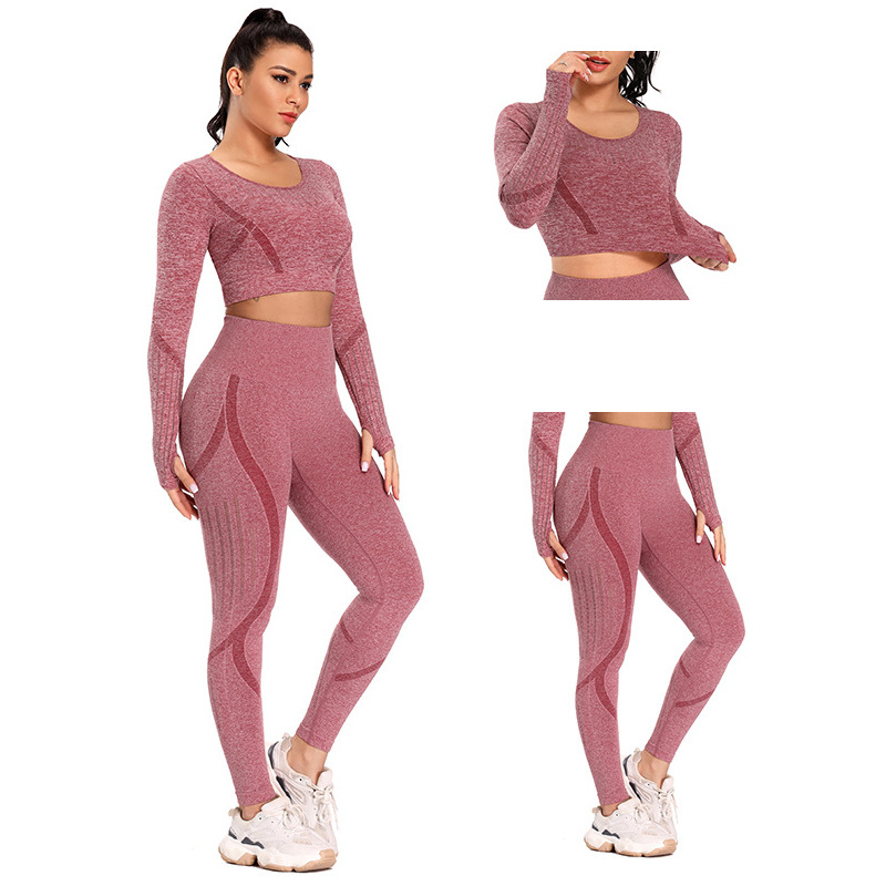 

2 Piece Set New peach yoga Long Sleeve suit women' seamless high waist tight yoga quick-drying breathable Workout sportswear, Black
