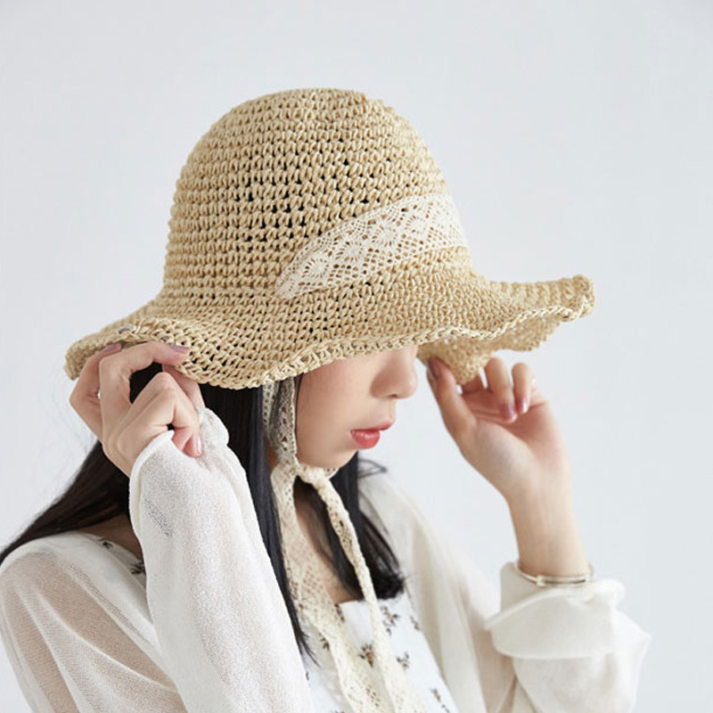 

2020 Simple Summer Hats For Women Straw Sun Hat Lady Girls Lace Ribbon Bow Panma Beach Hat Floppy Female Travel Folding Chapeu, Khaki