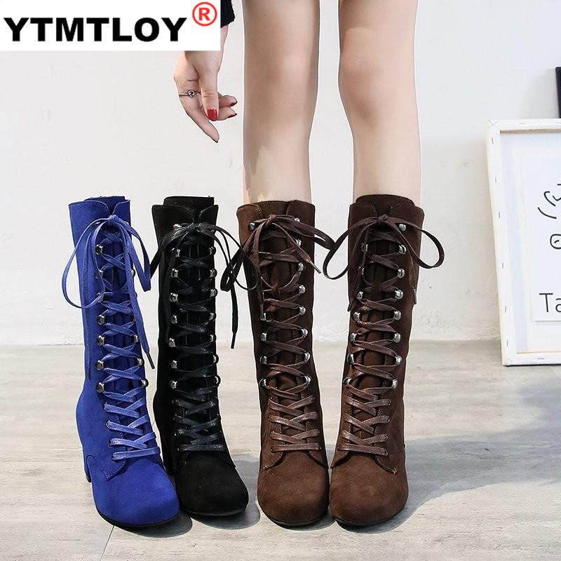 

New Women's Mid Calf Boots Shoes Woman Cross Lace Up Female Suede High Heels Ladies Thick Heels Retro Shoes Plus Size Winter, Black