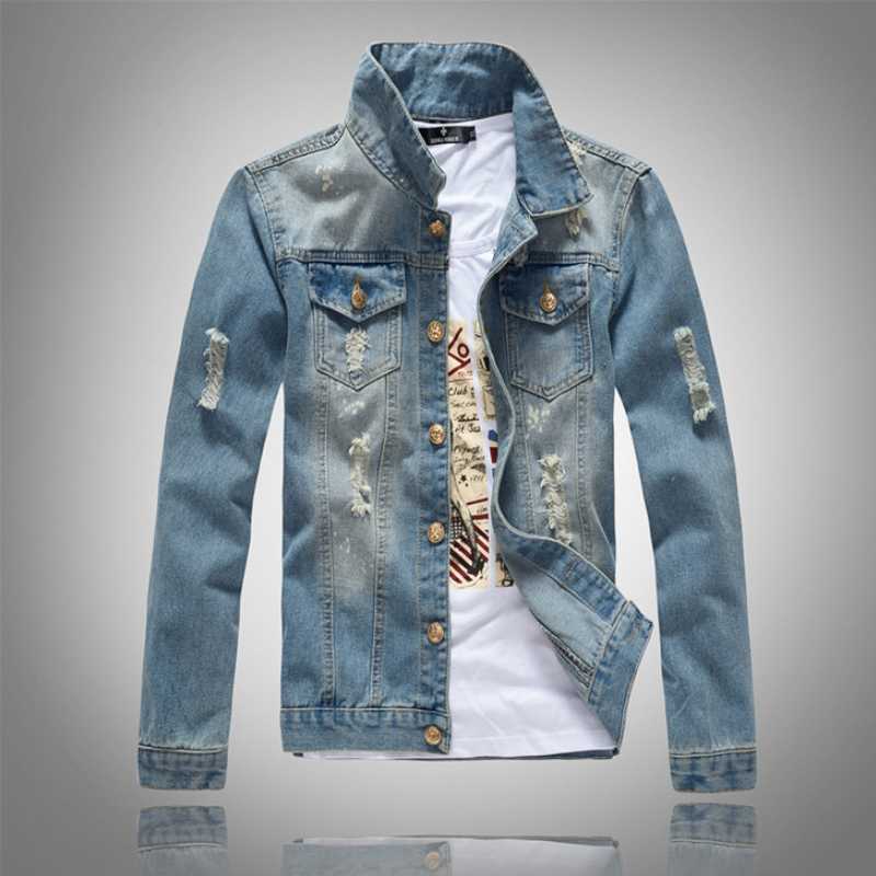 

Kule Korean Version Fashion Men's Denim Jacket Men's Washed Denim Slim Jeans Coat Light Color Top, Light blue