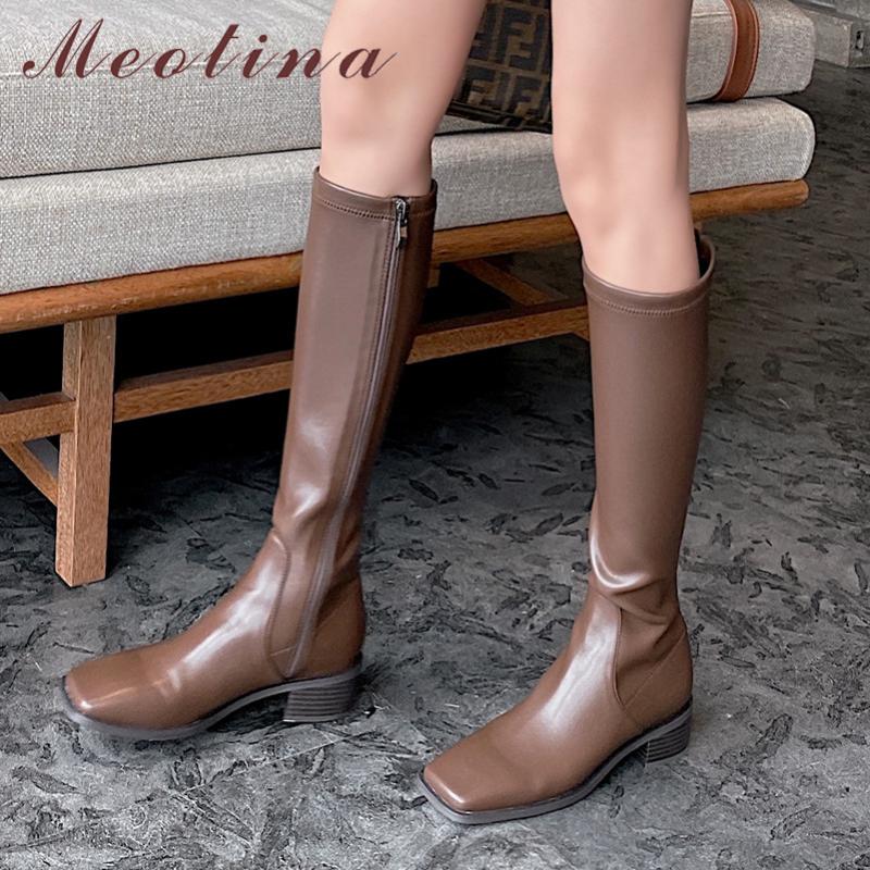 

Meotina Riding Boots Women Shoes Real Leather Mid Heel Knee High Boots Square Toe Thick Heels Zip Long Autumn Winter Brown, Black synthetic lin