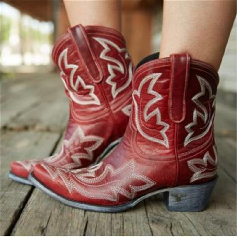 

2020 Embroidery botas mujer Faux Leather Cowboy Boots for Women Wedge High Heel Boots Snake Print Western Cowgirl, Brown