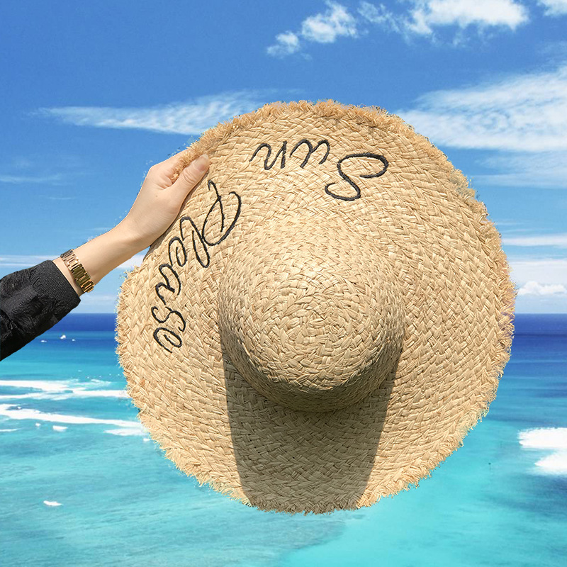 

Sun Hat Women Raffia Straw Hat Embroidery Letter Big Brim Outdoor Beach Anti UV Protection Adjustable Summer Caps Chapeu Fem, Beige