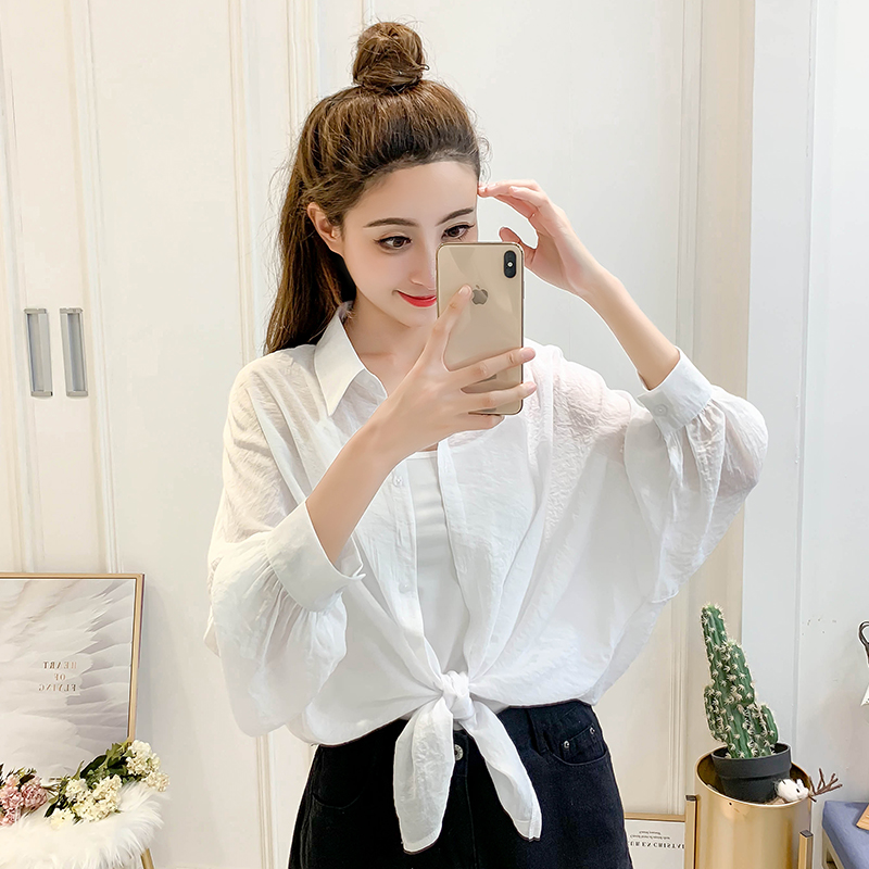 

2020 Female Chiffon Thin Sun Protection Clothing Coat White Short Long Sleeve Shawl Single-breasted Student Sunscreen Clothes, Blue