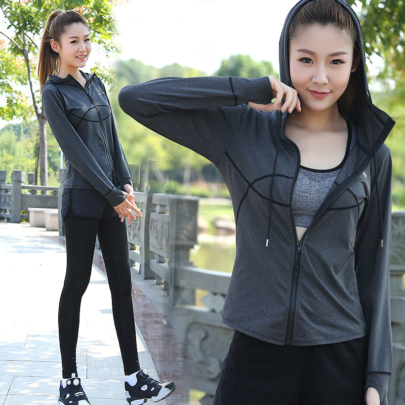

Autumn Hooded Zipper Long Sleeve Women Sports Top Running Jacket Sweatshirt Quick Dry Workout Active Wear Slim Fitness Coat, Wt003 gray