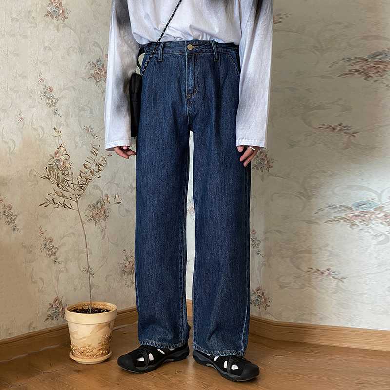 

EWQ / men' wear Korean style adjustable waist denim trouers trendyv ertical loose high rise wide leg straight jeans male 9Y3530, Navy blue