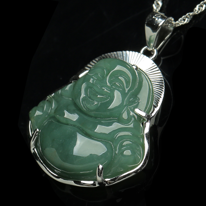 

925 Pure Silver-encrusted Jade Buddha Pendant Natural A Goods Myanmar Oil Emerald Male Necklaces Women.