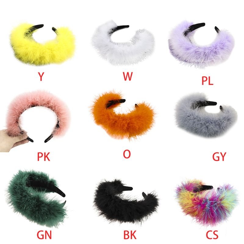 

Women Winter Long Fluffy Plush Hair Hoop Multicolored Feather Wide Brimmed Headband Holiday Party Stage Performance Headpiece