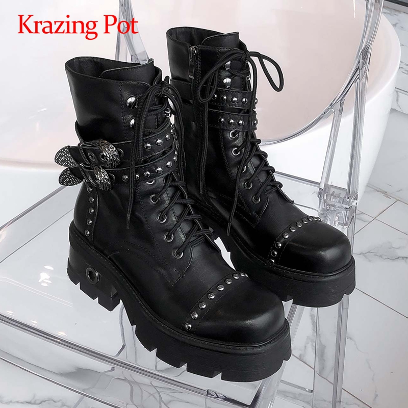 

Krazing pot plus size real leather rivets buckle decorations coolest streetwear round toe high heel zipper rock ankle boots L15, Black