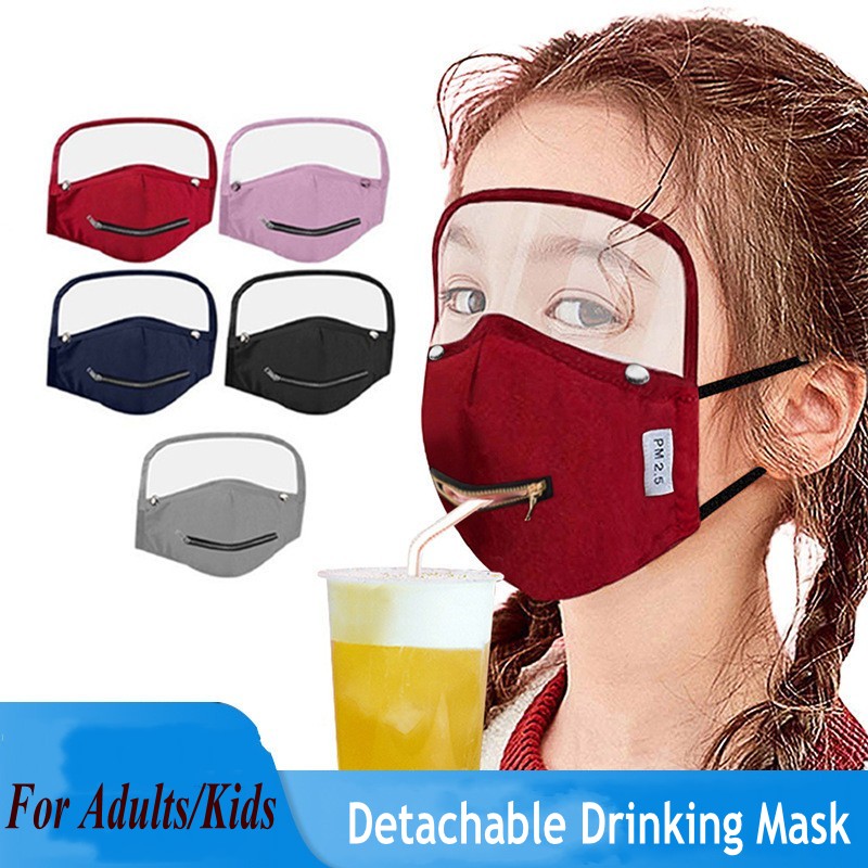 

2 in 1 Drinking Mask With Detachable Eye Shield Adult Kid's Designer Zipper Mouth Face Masks Dustproof Mouth Cover Washable Face Masks