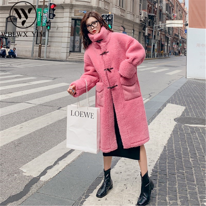

Fashion Faux Lambswool Fur Coat Women Horn buckle Thick Warm Overcoat Casual Lambswool Long Fur Jacket Female 2020 Winter Coat, Blue