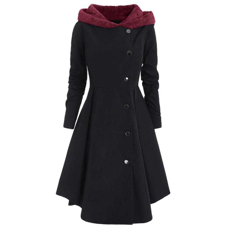 

Daily Vintage Shopping Women Coat Button Solid High Waist Hooded Casual Long Slim Warm Soft Thicken, Black blue