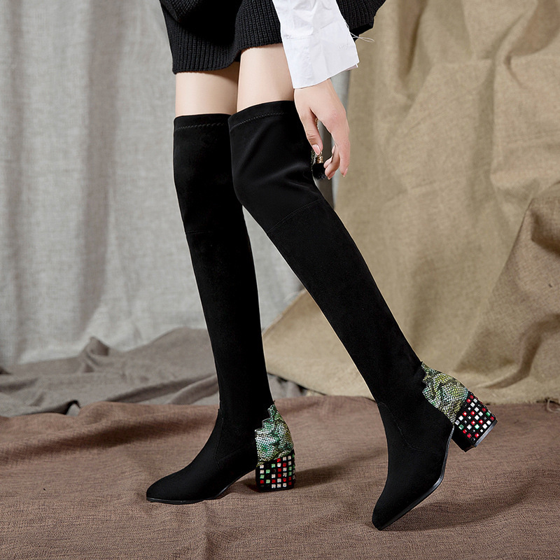 

Women boots new Europe and United States thick with boots woman over the knee stretch fashion boot factory direct sales, Dark grey