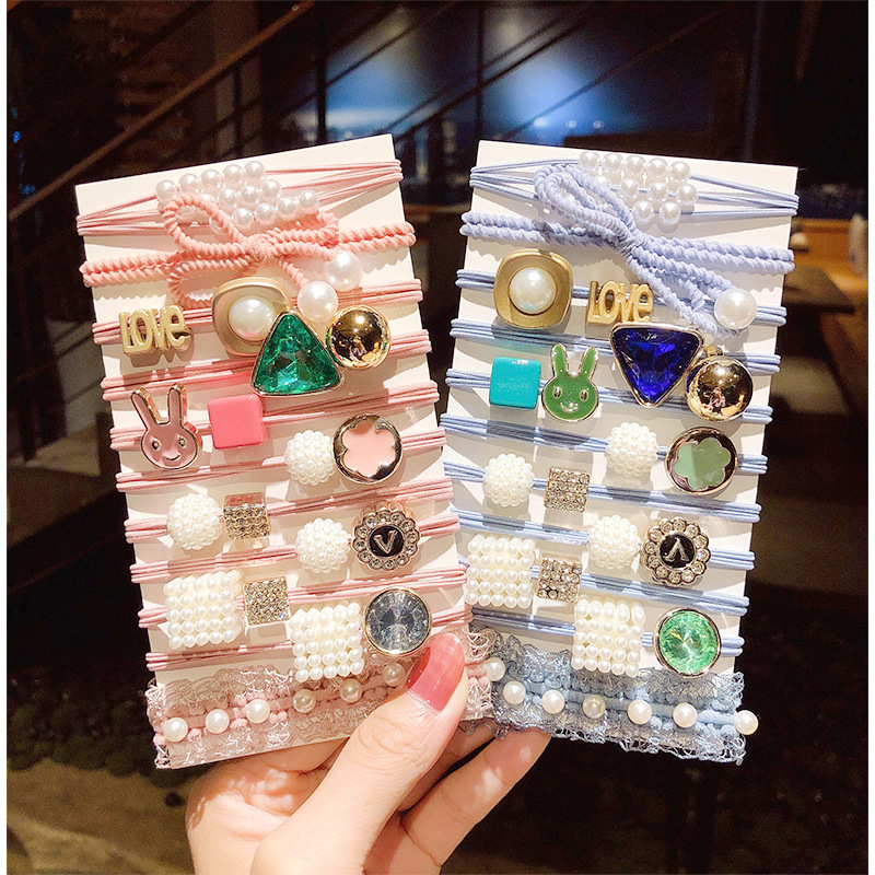 

11PCS/Set New Women Girls Cute Solid Pearls Geometric Elastic Hair Bands Tie Gum Scrunchie Rubber Bands Fashion Hair Accessories
