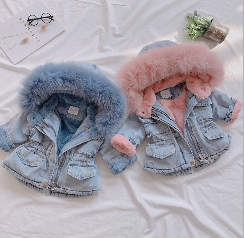 

Baby girls denim coat kids fur collar hooded jean outwear children velvet thicken warm cowboy coat A4036, Pink