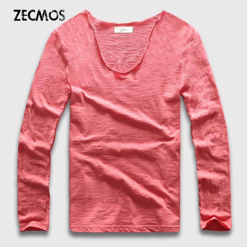 

20 Colors V Neck Long Sleeve T Shirt Men Cotton T-Shirt Male Slim Fit Top Tees Casual Loose, Brown