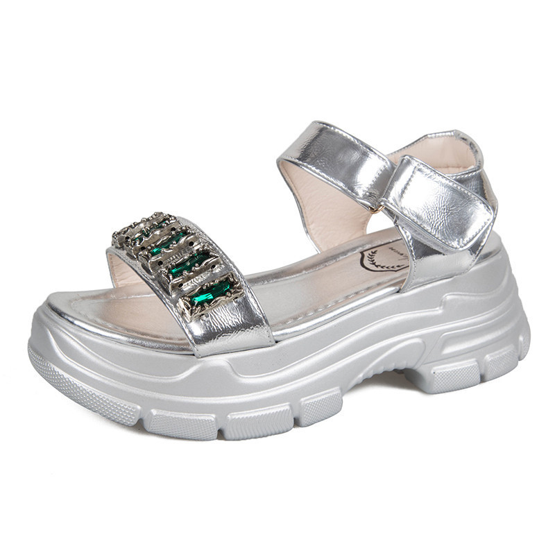 

Thick Bottom High Heels Casual Shoes Woman Sandals 2020 Summer New Crystal Women Shoes Hook & Loop Diamond Sports Platform, Black