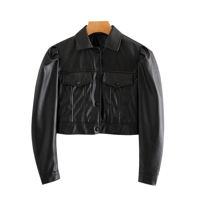 

Klacwaya Women 2020 Fashion Faux Leather Cropped Moto Biker Jacket Coat Vintage Long Sleeve Pockets Female Outerwear Chic Tops, As picture