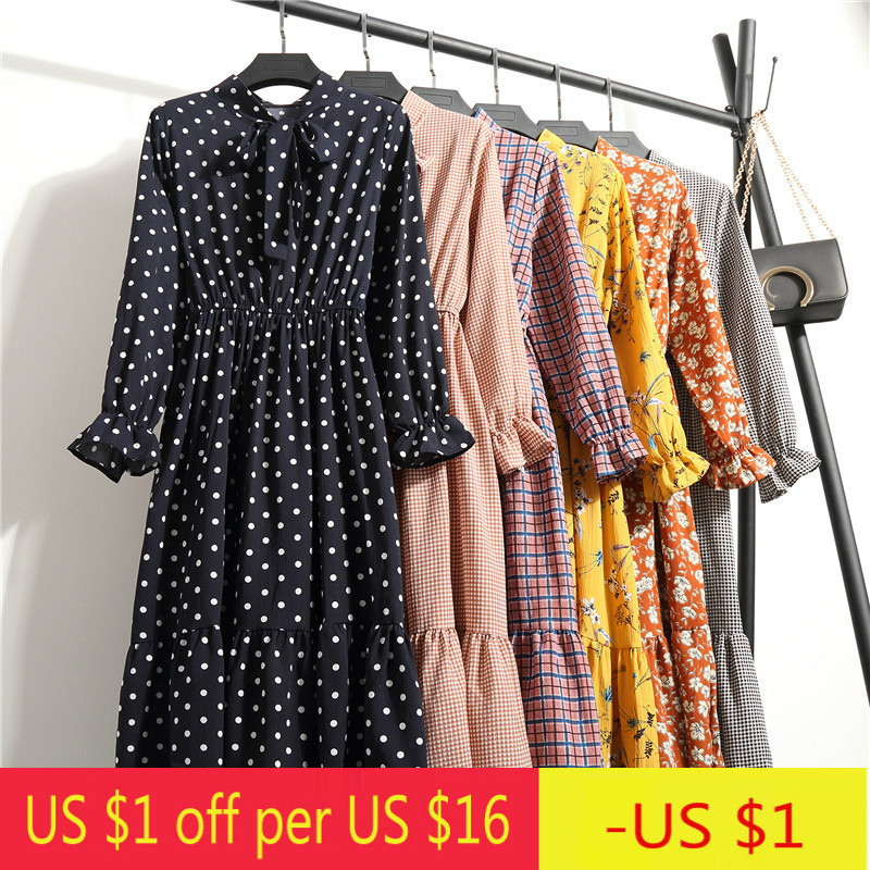 

Casual Korean Style Chiffon Dress Women Flower Print Long Sleeve Bow High Waist Office Dress Elegant Spring Midi Vestido, Ts-8010 a-3