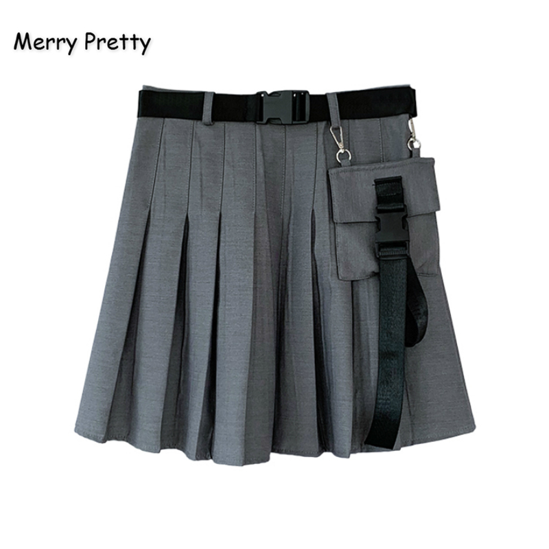 

Merry Pretty Women' Sashes Solid Pleated Skirts 2020 Autumn Hight Waist Black/Gray Mini Skirts Women Side Pockets Design