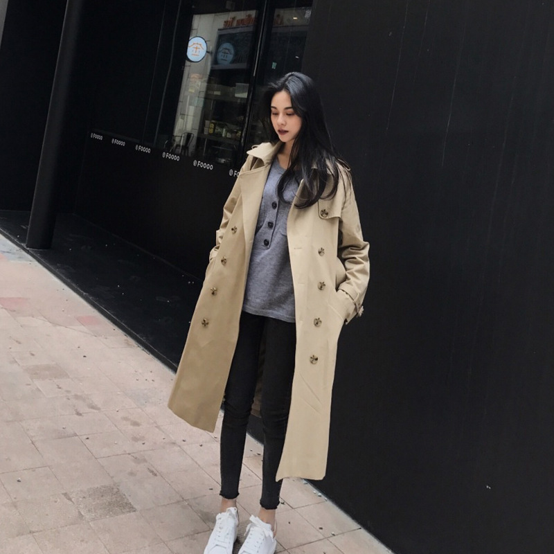 

New Coming Mid-length Short-height Women' Windbreaker Long Sleeve Double breasted Women' Clothing Office Outwear Women Trench, Khaki