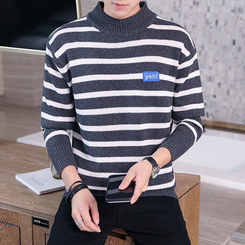 

Cheap wholesale: hot sale in the new autumn and winter 2019 men's fashion leisure men's high collar sweater stripe knitwear wear, Black