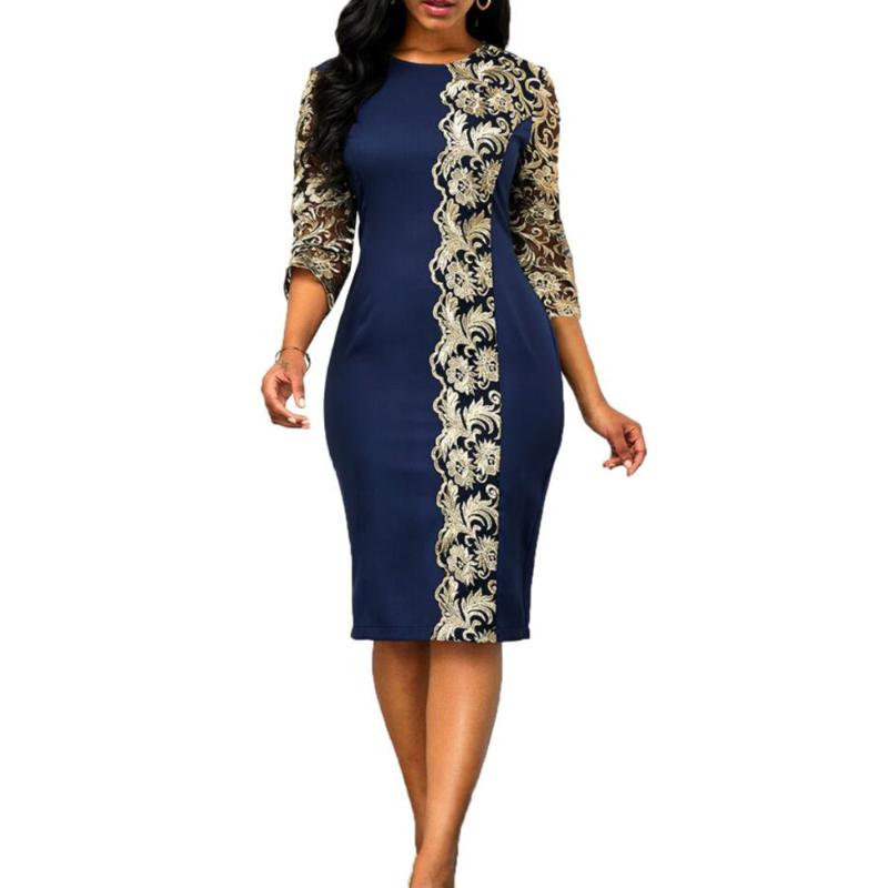 

Elegant Sexy Lace Patchwork Hollow Out Bodycon Dress Women 2020 Summer Autumn Casual Plus Size Slim Office Party Dress Vestido, Navy blue