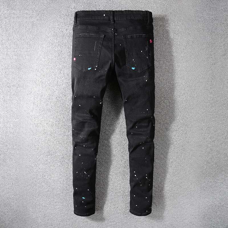 

Black Men's Painted Pleated Biker For Motorcycle Slim Fit Ripped Stretch Denim Pants Fashion Casual Male Jeans