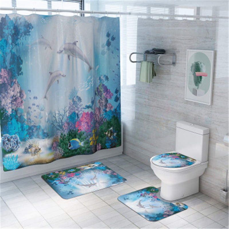 

4Pcs/set Bathroom Mat Set Non-slip Dolphin Fish Bath Mat Coral Fleece Shower Curtain Floor Washable Bathroom Toilet Rug