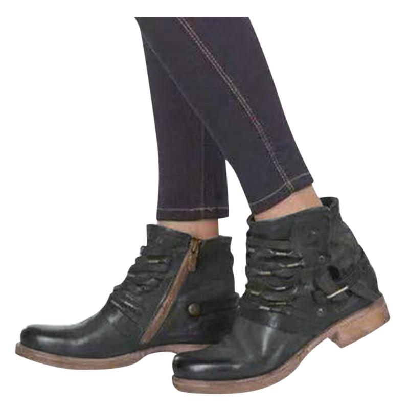 

Non-slip Flat Gradient Boots Women Shoes Autumn Winter Sewing Line Fashion Round Toe Ankle Boots Retro Autumn Winter, Black