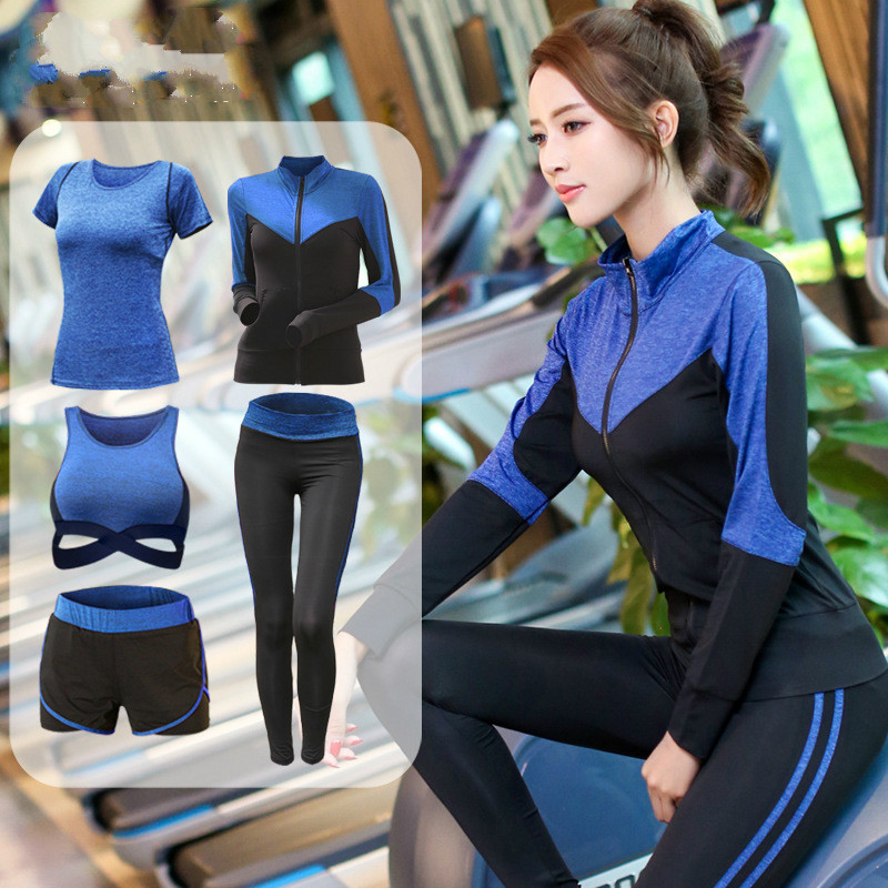 

women sportswear 5PCS set fitness gym yoga clothing suit setsports bra+ pants+sports shirt+sports coa Workout Fitness Clothes, Blue