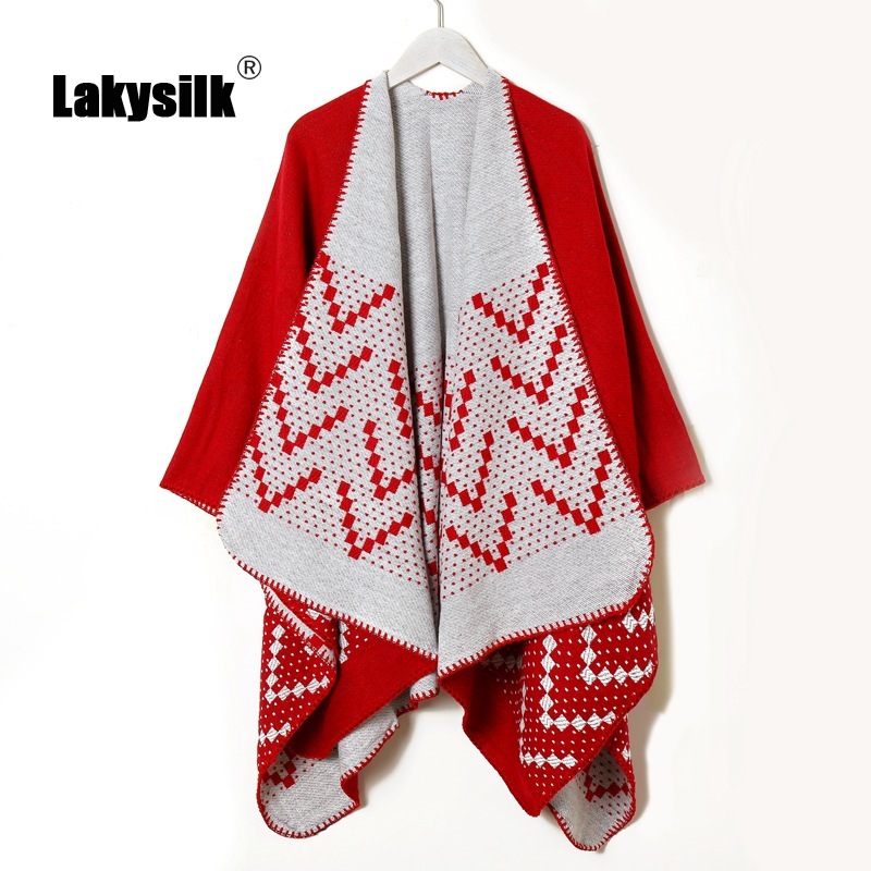

Poncho Women European and American Style Red Knitted Comfortable Winter Warm Ponchos Shawl Capes Female
