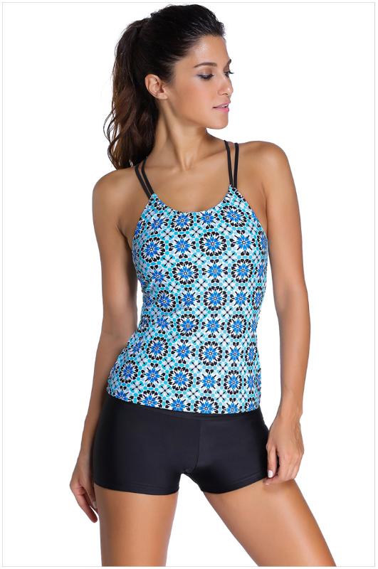 

New 2020 Women Summer Beach Wear Black Blue Print Swimsuit Swimwear Tankini Top and Bottom 2 pieces Sets Bathing Suits 41999, As shown