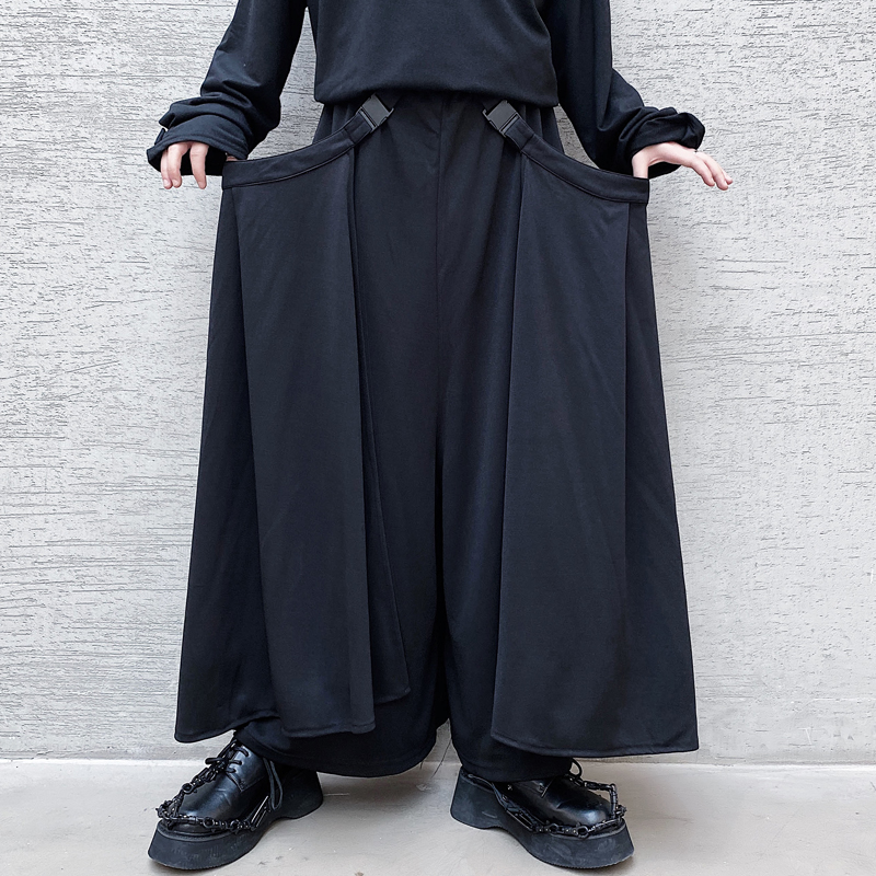 

Stage Clothing Men's Detachable Side Cloth Wide Leg Casual Pants Male Japan Style Vintage Fashion Loose Skirt Pants, Kk1040