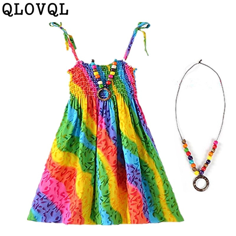 

Summer Teenage Girls Dress Princess Rainbow Dresses for Teen Girls Beach Clothes 6 8 10 12 13 Year with Vintage Necklace, As picture