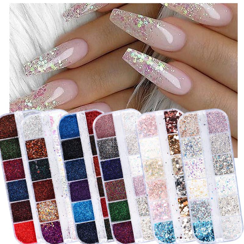 

12 Grids Holographic Nail Art Glitter Sequins Shining Mermaid Pigment Dust 3D Flakes For Nail Salon Manicure Decorations SAF