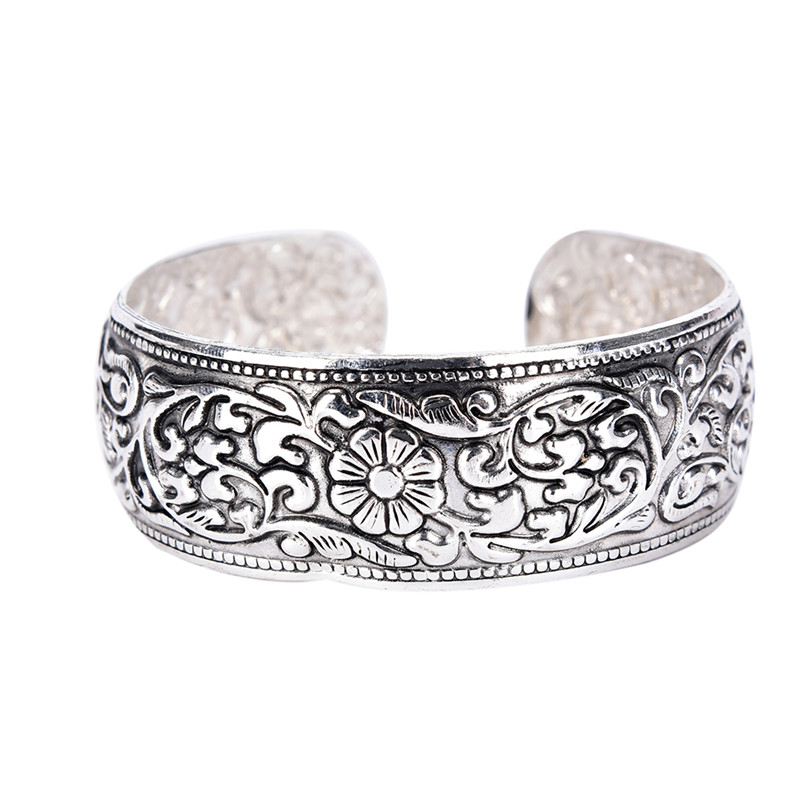 

Lucky Flower Bangles Antique Ethnic Statement Cuff Bracelets Trendy Tibetan Jewelry For Women Vintage Silver Plated