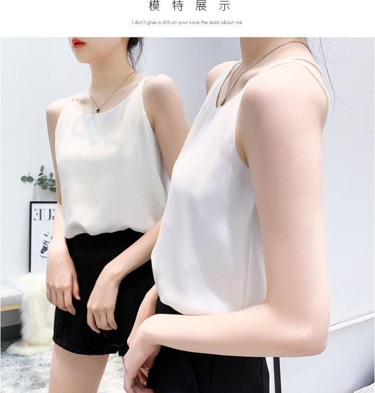 

New Silky solid Sling Top Vest Women Sleeveless Tank Top Double-layer Chiffon Strap Thirt Plus Size Bottoming Shirt Casual, Black