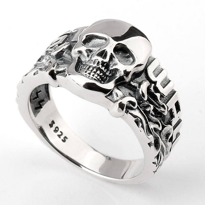 

Real 925 Sterling Silver Skull Ring Skeleton European Punk Cool Street Style for Men Fashion Jewelry, Golden;silver