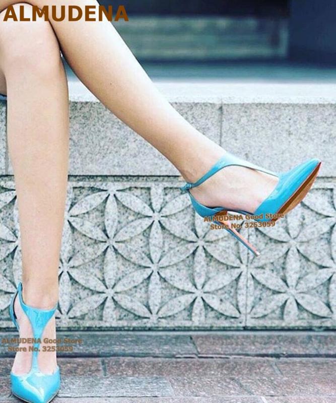 

ALMUDENA Turquoise Patent Leather T-strap High Heels Pointed Toe Stiletto Heels Dress Shoes Women T-bar Wedding Shoes Dropship, Red as picture