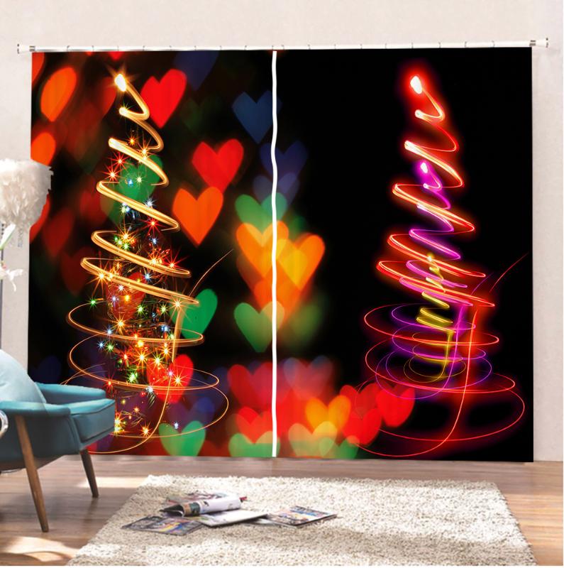 

Christmas Tree Window Curtain 3D Print Neon Light Curtain 2 Panels Merry Christmas Drapes Festival Happy Holiday, As picture