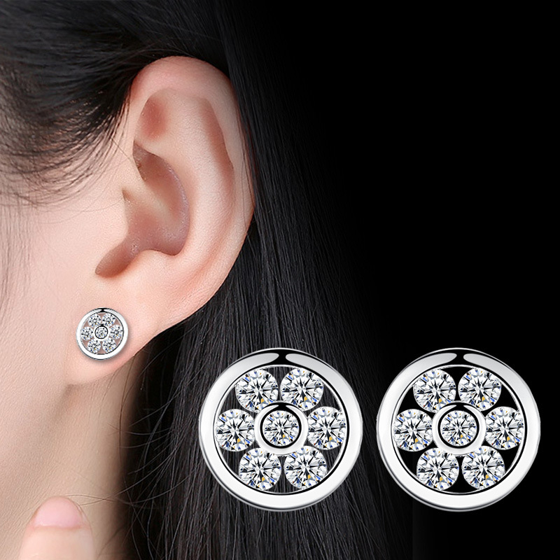 

100% 925 sterling silver fashion shiny crystal round ladies`stud earrings female jewelry women Valentine's Day gift cheap