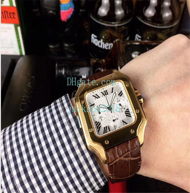 

Luxury New 40MM White Dial Brown Leather Strap Japan Multi-Function Chronograph Quartz 18k Rose Gold Fashion Men's Watches, Original box papers