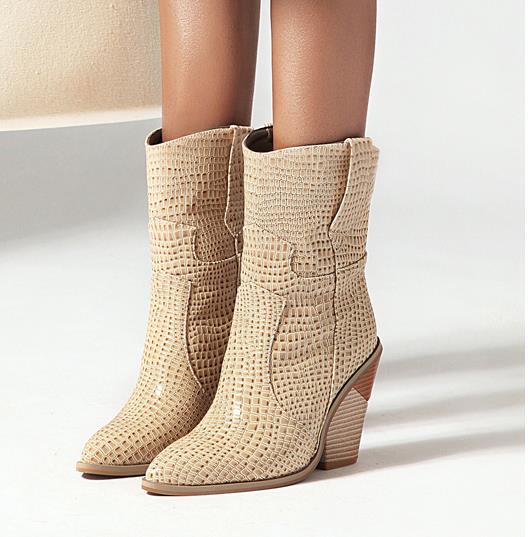 

Hot Sale Quality Boots Women Boots with Box Burgundy Cowboy Boots Woman Designer Booties Embossed PU Leather Chunky Heels, Black solid color;come with box