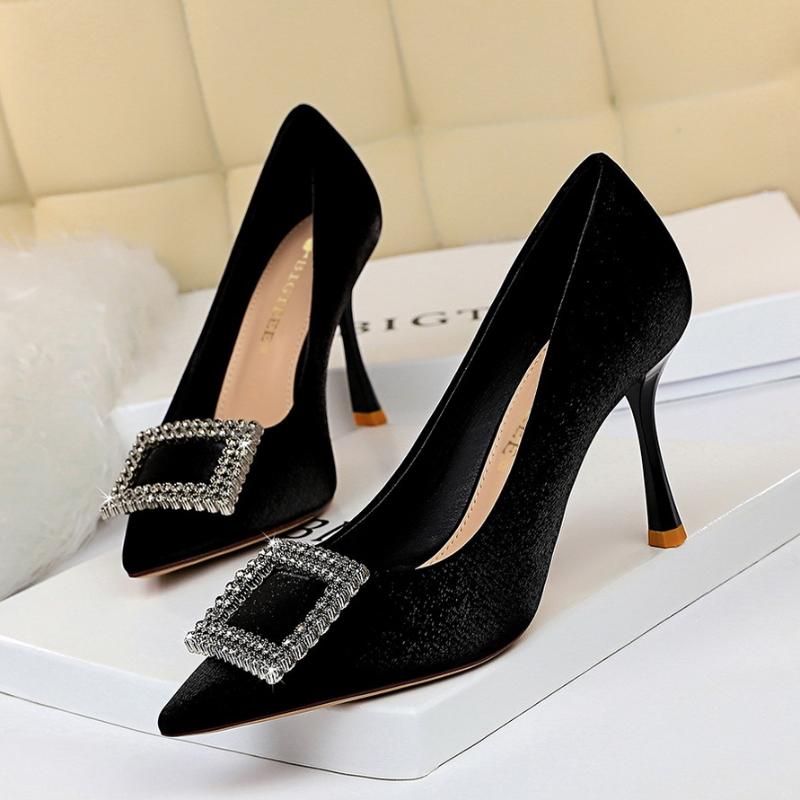 

Sexy banquet women's shoes wine glass heel high-heel satin shallow mouth pointed metal rhinestone buckle single shoes, Black