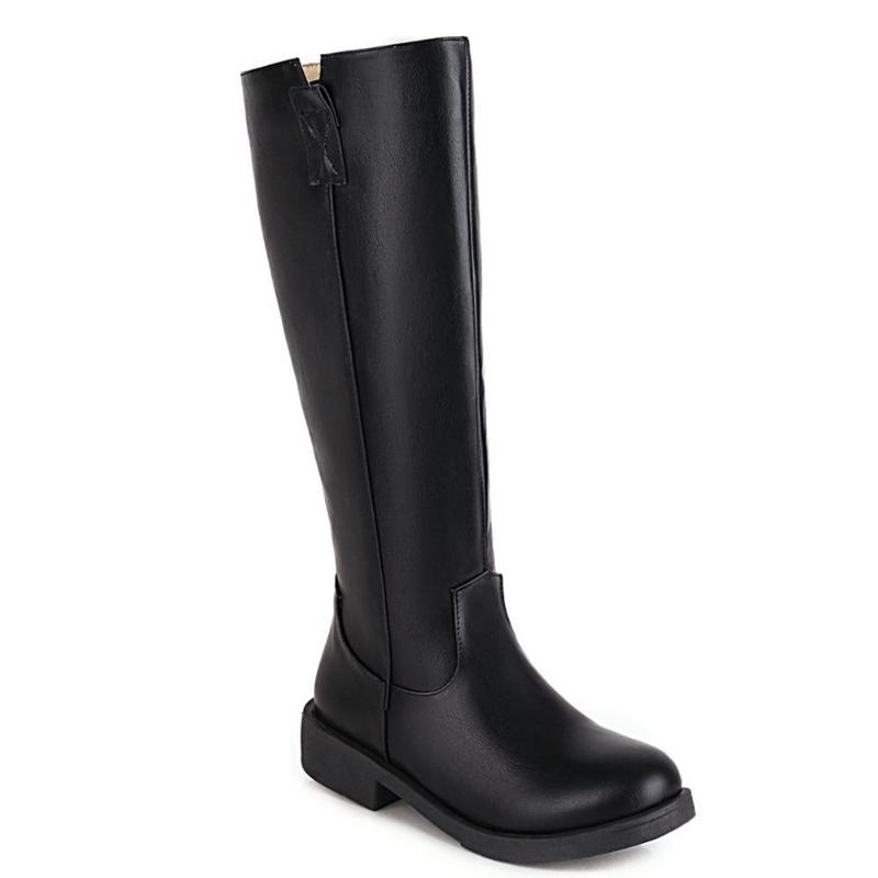 

PU Low-Heeled Cheap Yellow Knee-Length Boots Side Zipper Round Toe Print High Boots Rose Pattern Sole Women's Shoes, Black